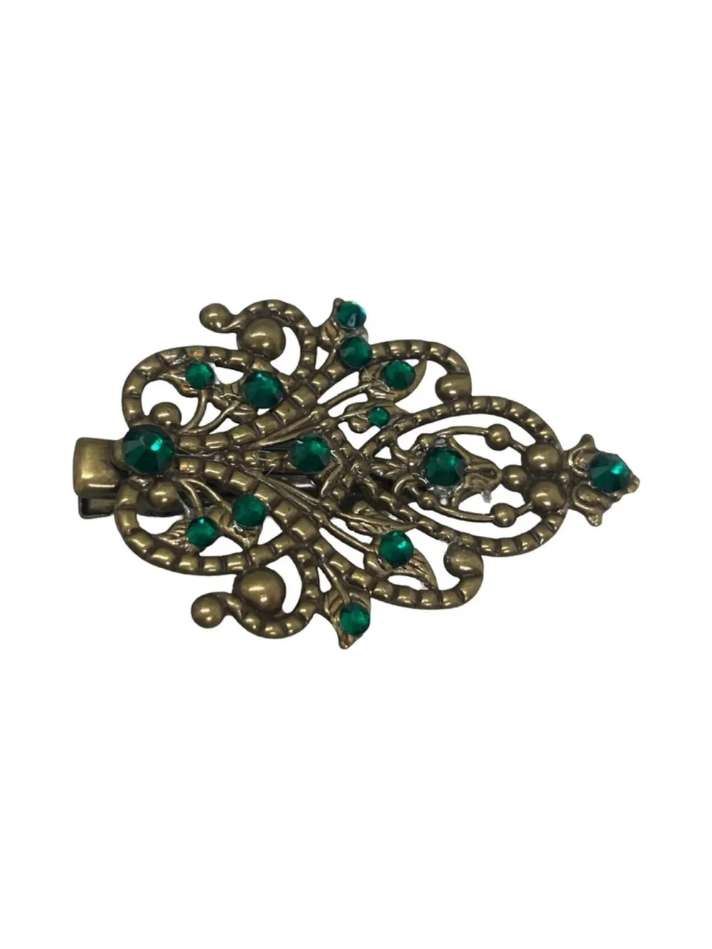 Antique-Style Filigree Hair Clip with Green Stones